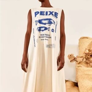 White Sleeveless Dress with Blue Graphic Print